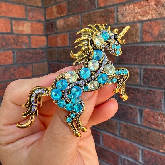 Betsey Johnson Gold Blue Unicorn Brooch - Picture 1 of 7